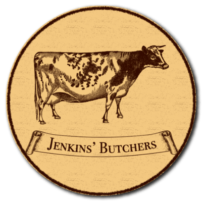 Gold round Jenkins Butchers Logo with cow drawing